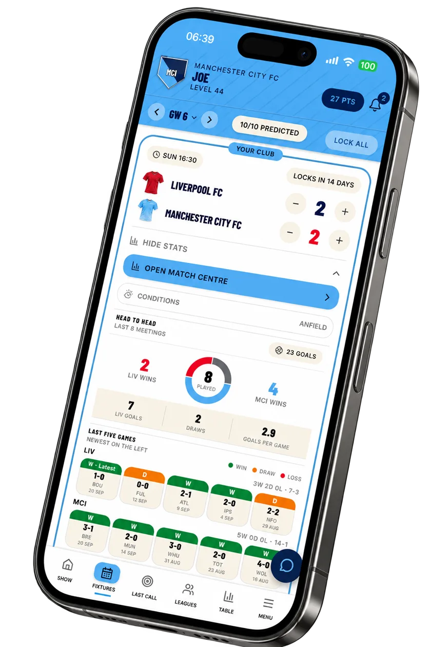 Fixture predictions and match statistics on a phone